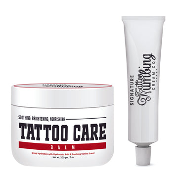 Signature Tattoo Before & Aftercare Duo – Numbing Cream (30g) + Healing Balm (7oz) for Comfortable Sessions & Vibrant Ink – Natural, Skin-Soothing Formula